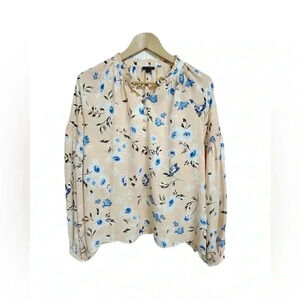 Ann Taylor Peach Floral Henley Button Up Puff Sleeve Blouse Size M